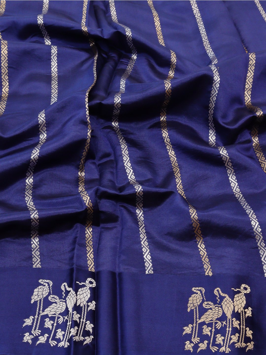 Navy Blue with gold and silver-toned zari Katan Silk Banarasi saree full spread