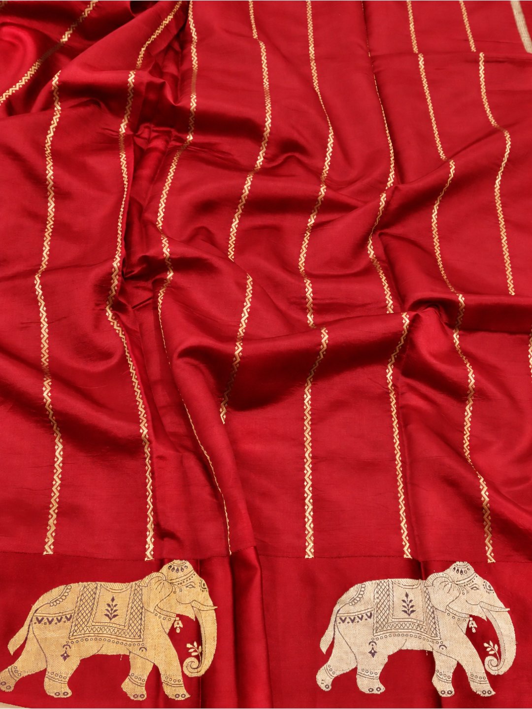 Royal Red with gold and silver-toned zari Katan Silk Banarasi saree full spread