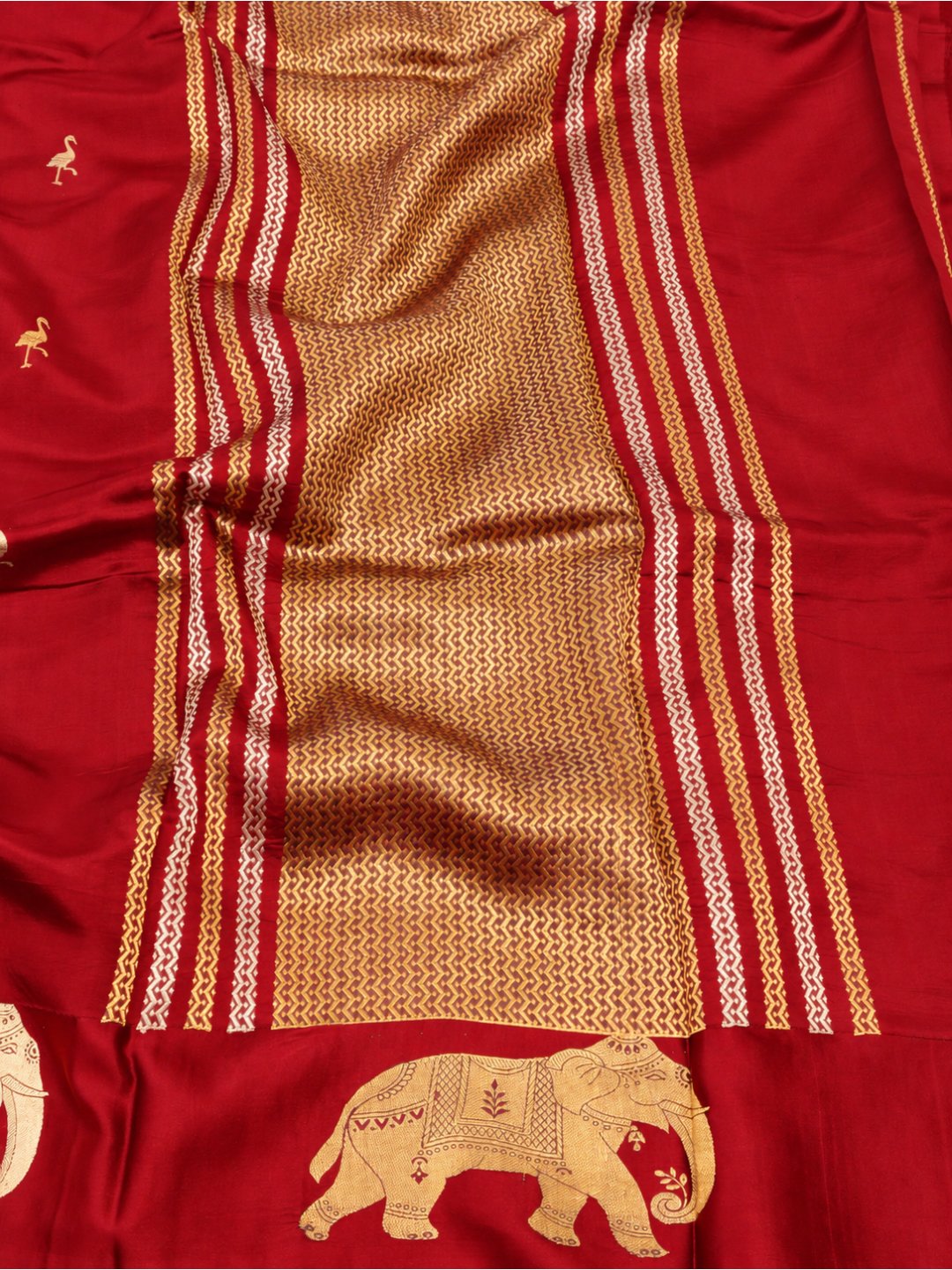 Royal Red with gold and silver-toned zari Katan Silk Banarasi saree pallu detail