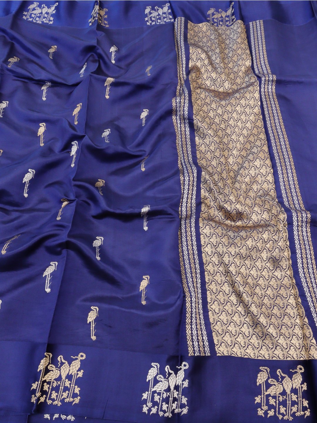 Deep Blue with gold and silver-toned zari Katan Silk Banarasi saree front drape view