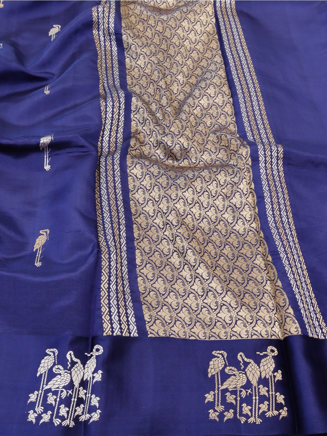Deep Blue with gold and silver-toned zari Katan Silk Banarasi saree pallu detail