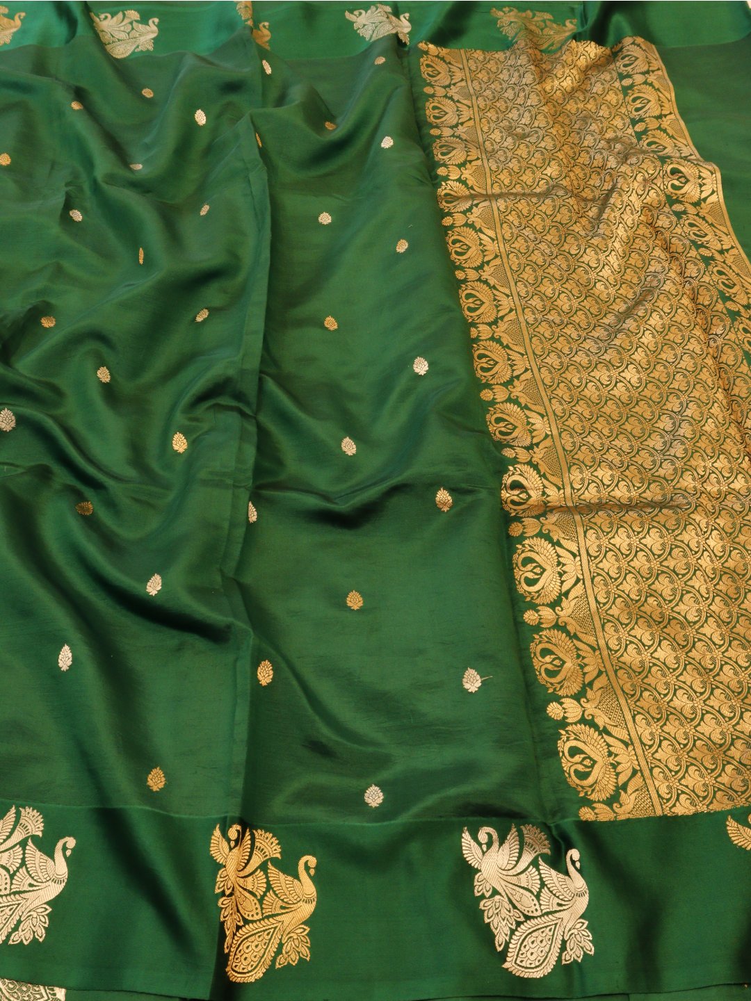Bottle Green with gold and silver-toned zari Katan Silk Banarasi saree front drape view