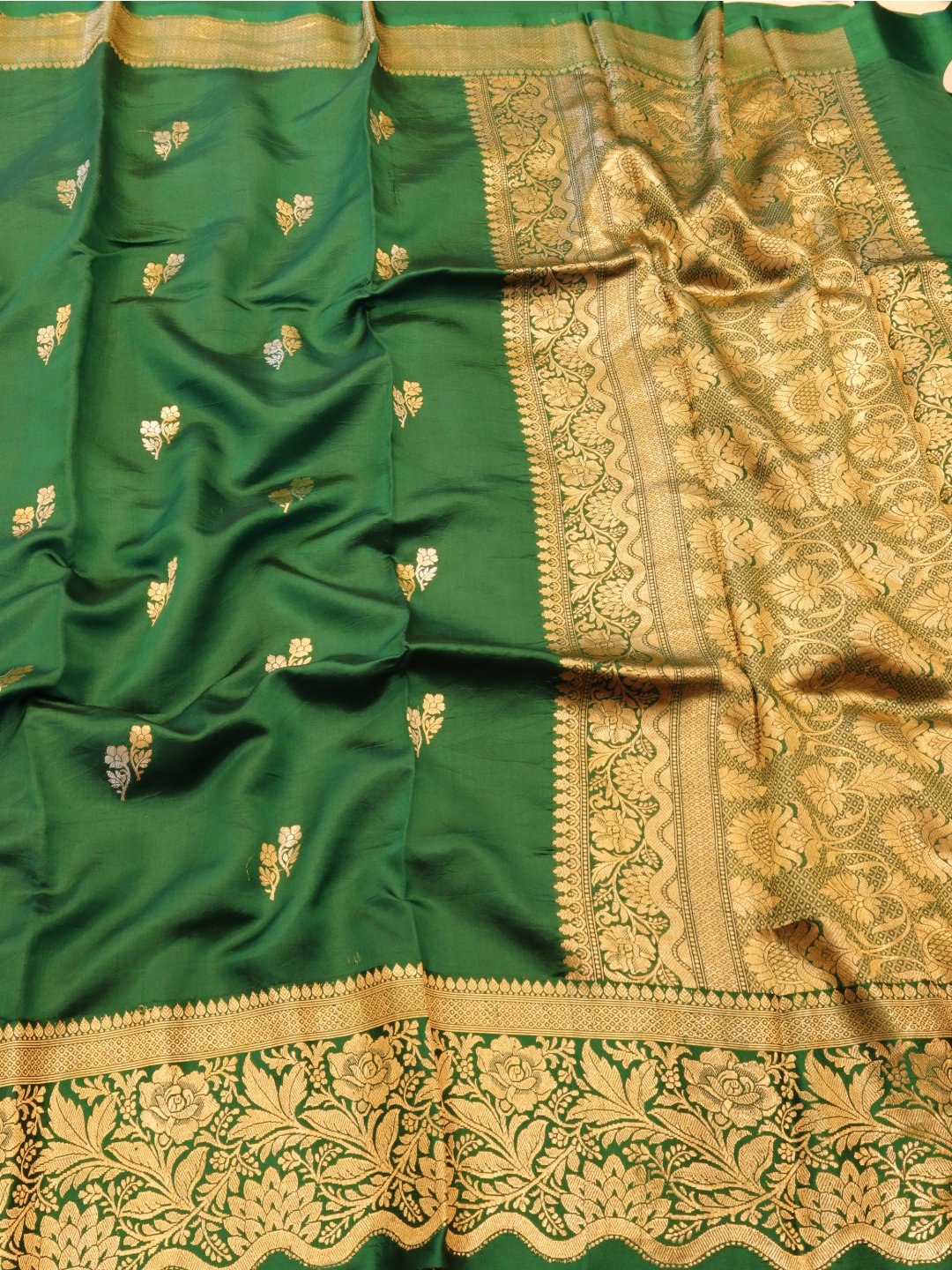 Dark Green Katan Silk Banarasi saree front drape view