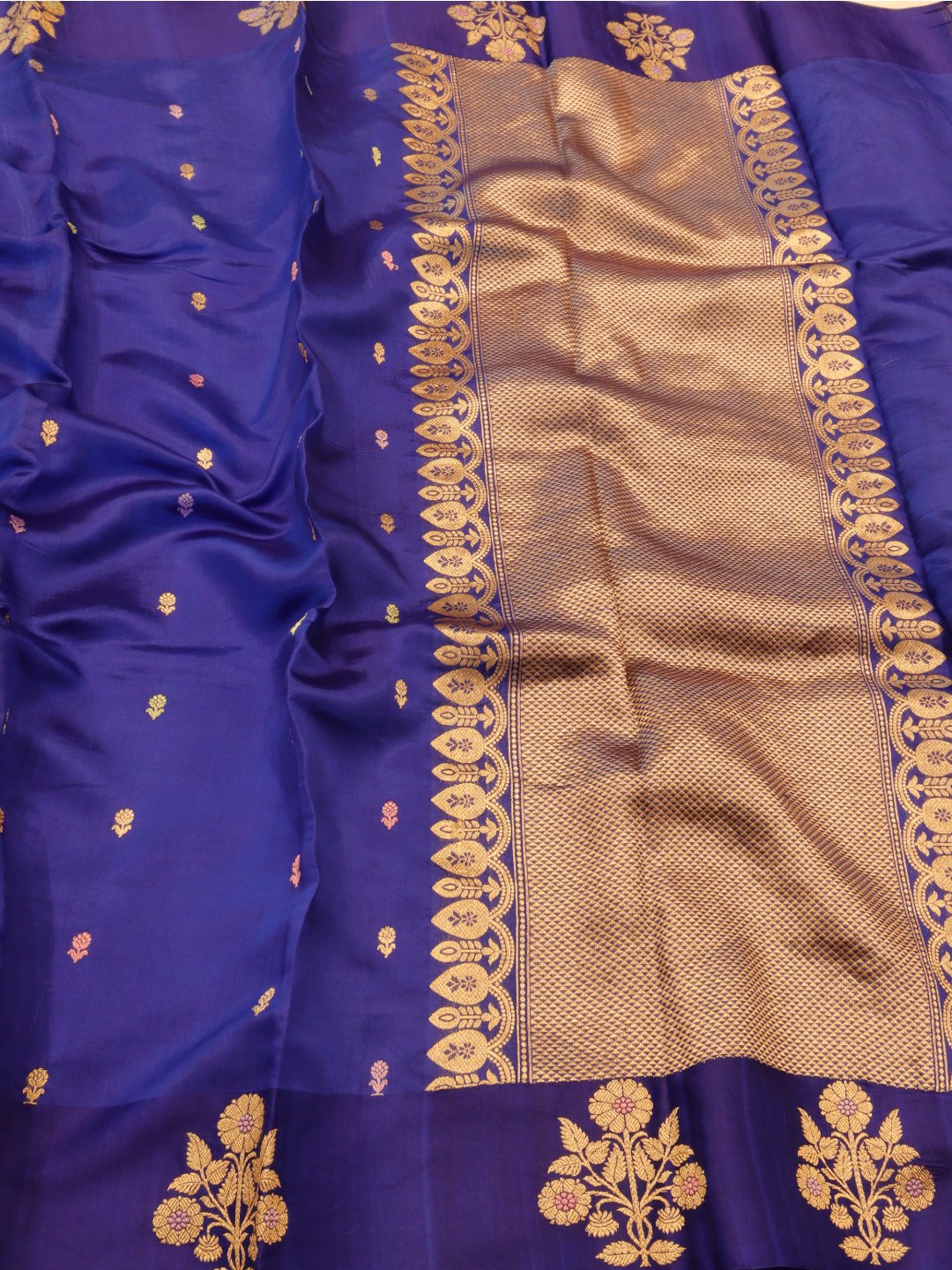 Royal Blue Katan Silk Banarasi saree front drape view
