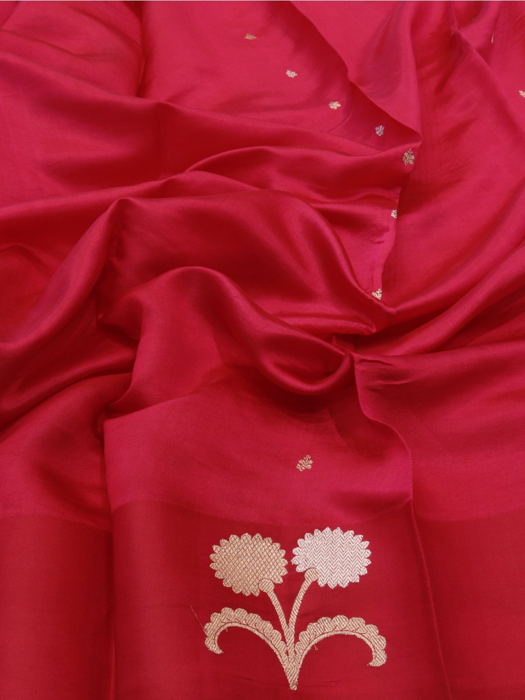 Rose Pink Katan Silk Banarasi saree front drape view