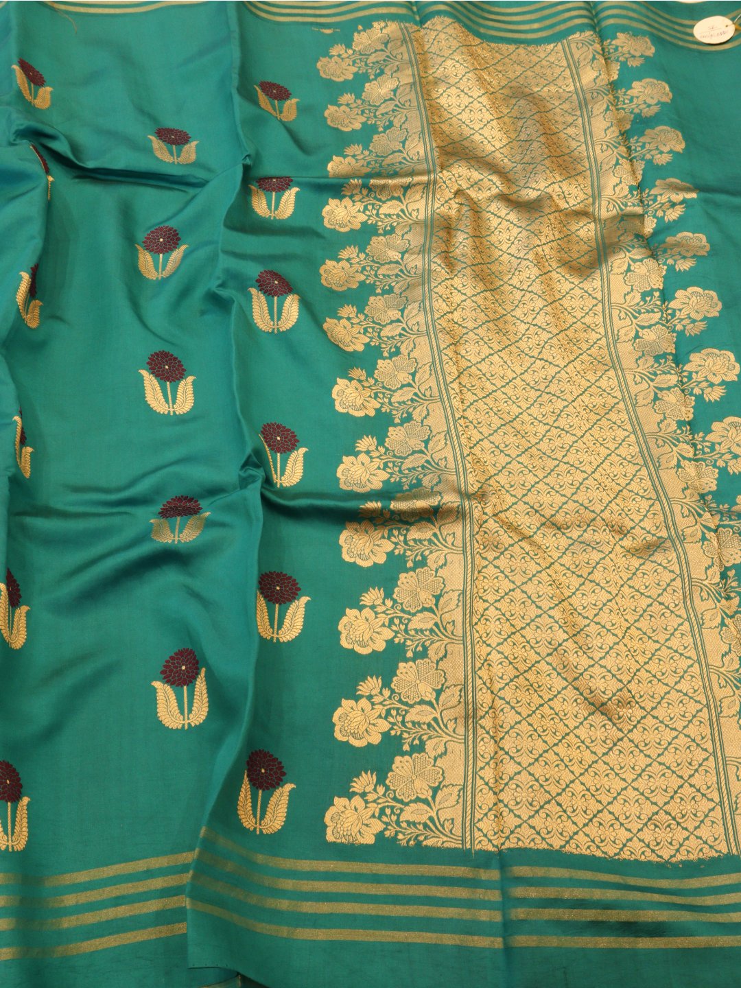 Teal Green Katan Silk Banarasi saree pallu detail