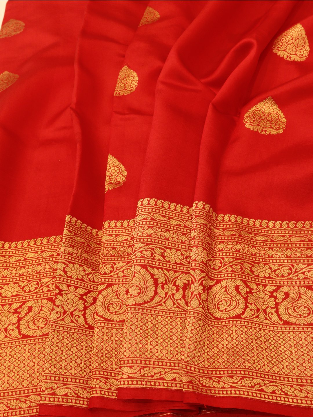 Red Katan Silk Banarasi saree front drape view