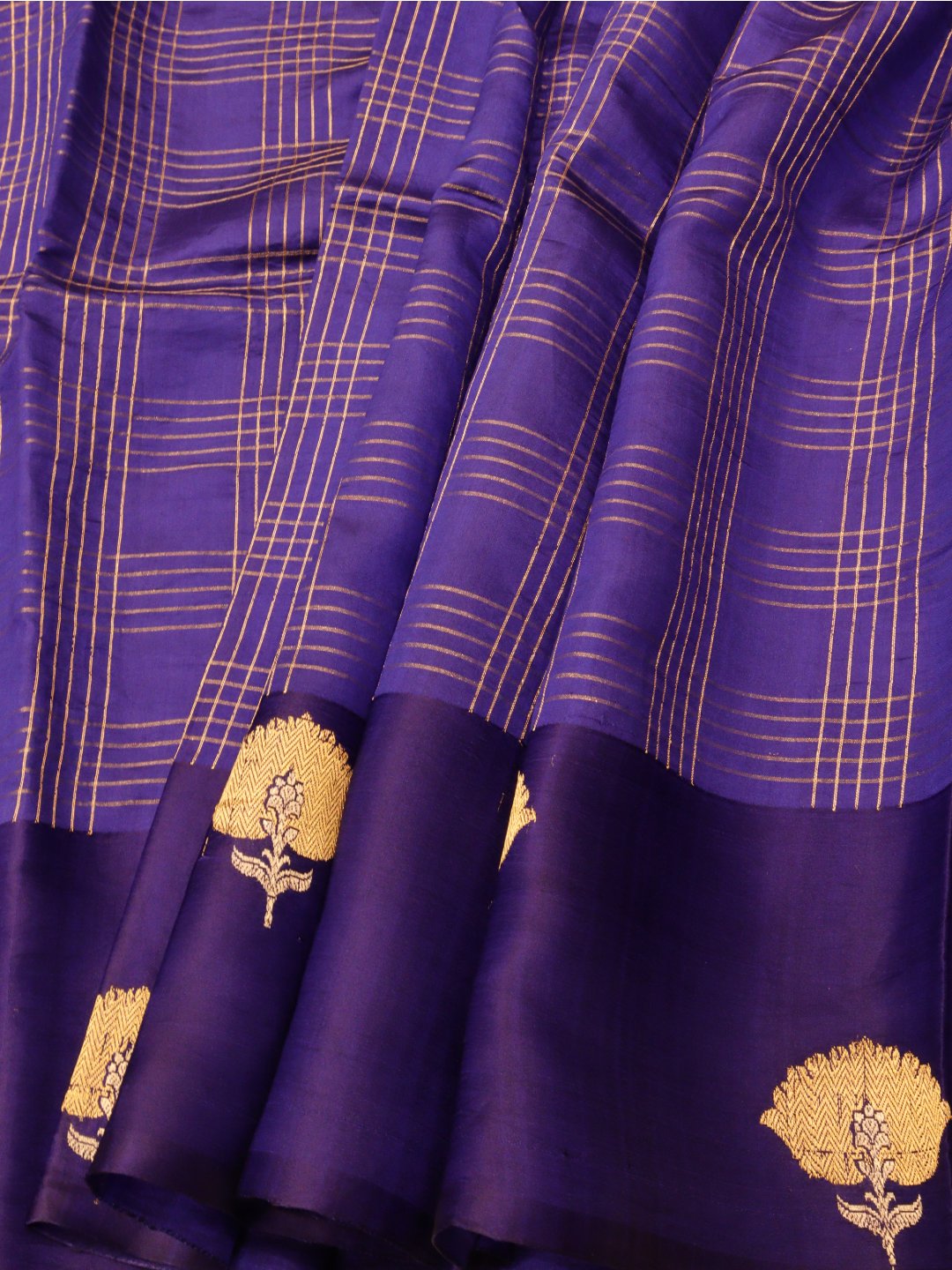Rich royal purple with gold zari detailing Katan Silk Banarasi saree front drape view