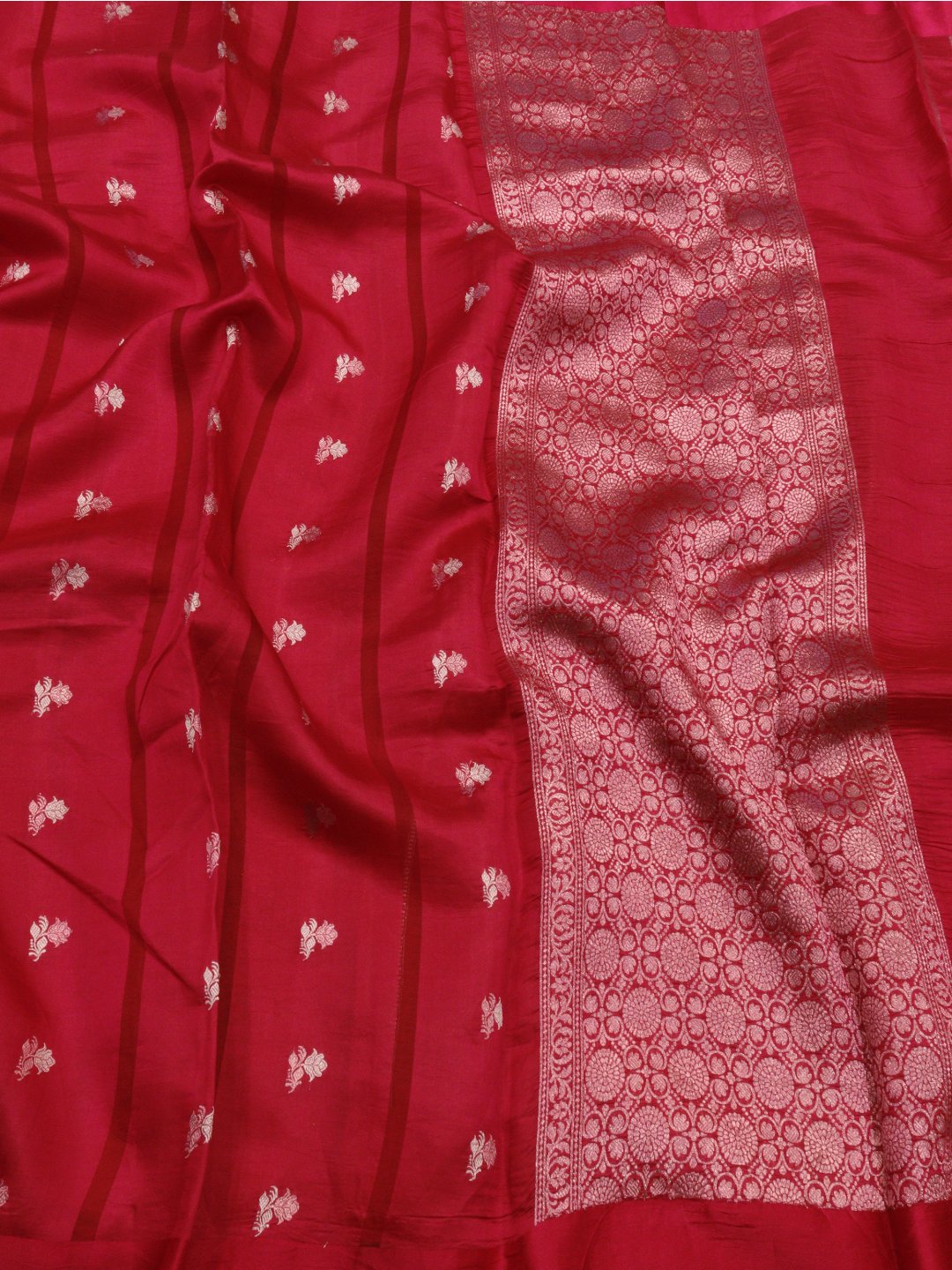 Deep Pink Katan Silk Banarasi saree front drape view