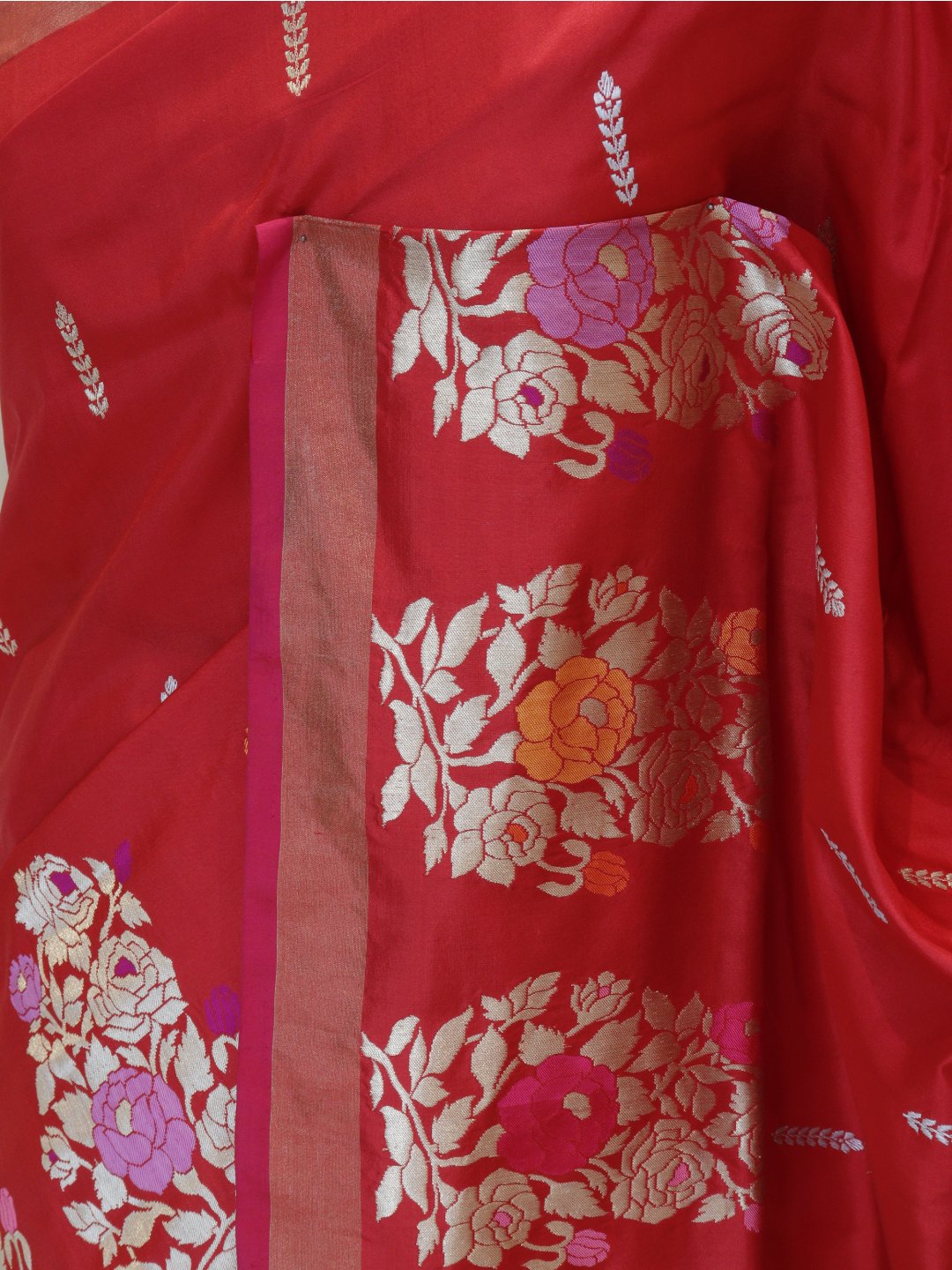 Red with a contrasting rani pink edge and gold-toned zari Katan Silk Banarasi saree blouse piece