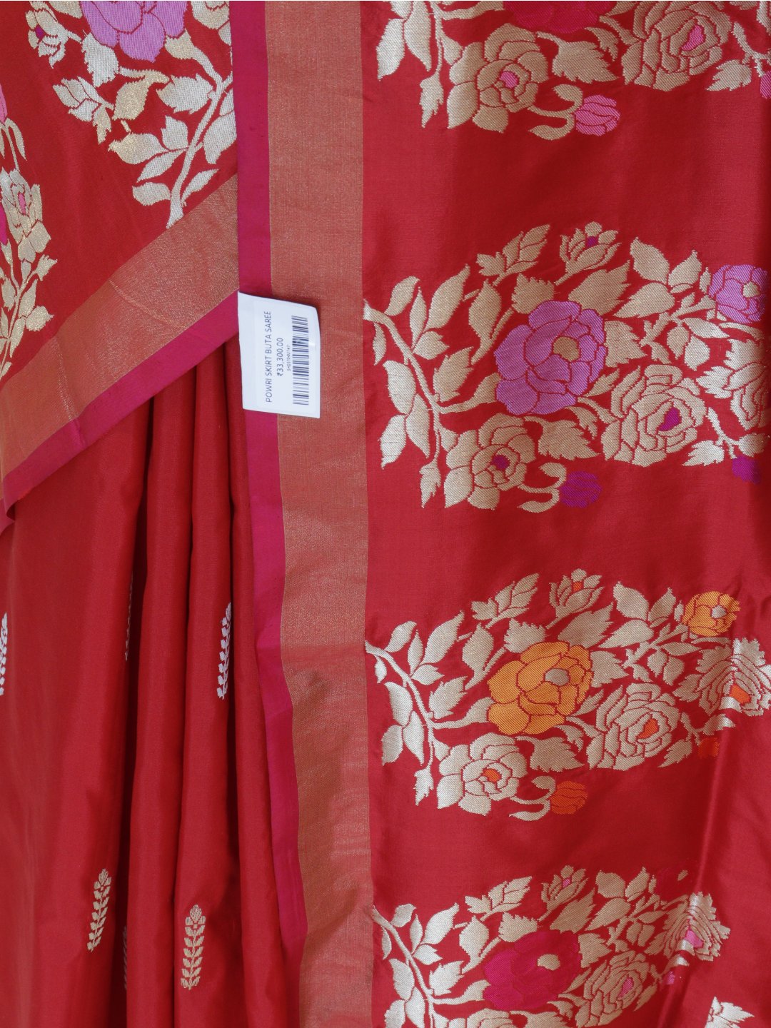 Red with a contrasting rani pink edge and gold-toned zari Katan Silk Banarasi saree full spread
