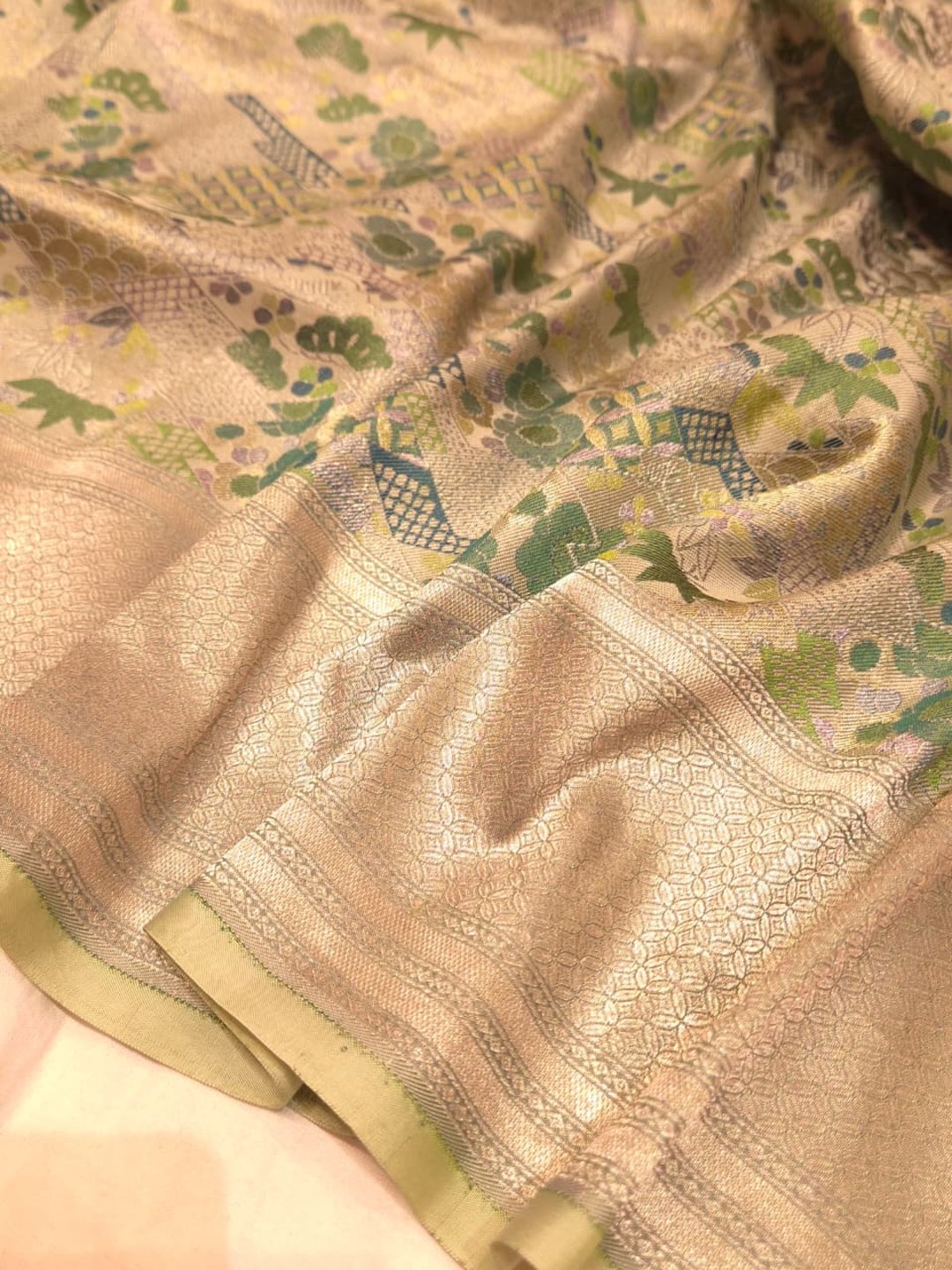Pista Green Mulbari silk Banarasi saree full spread