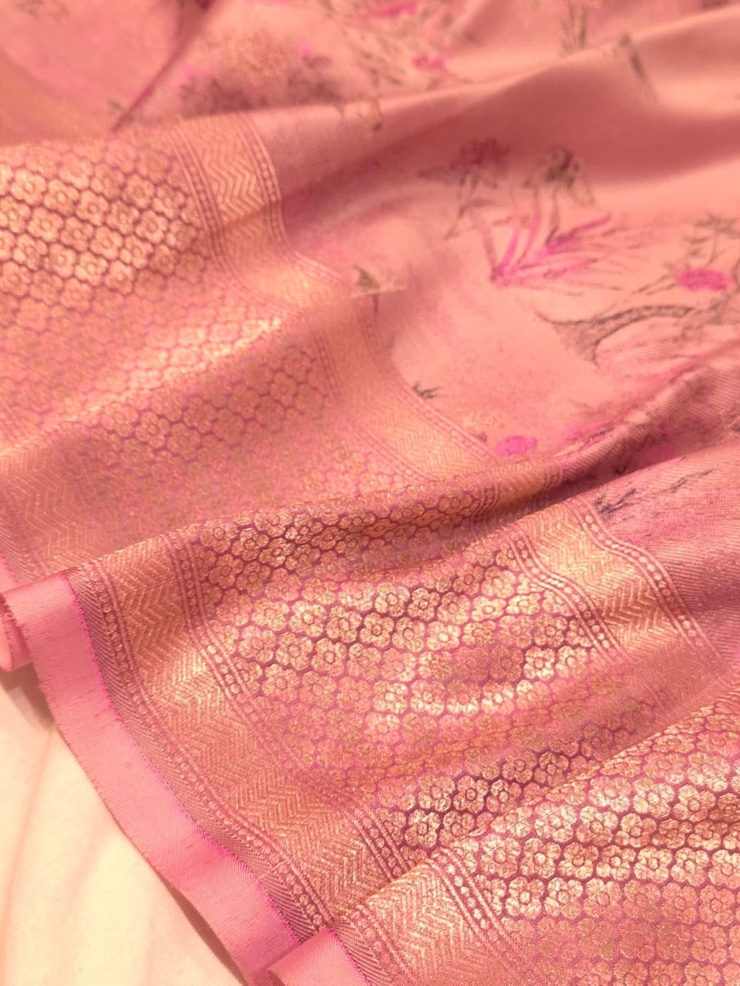Light Pink Mulbari silk Banarasi saree full spread