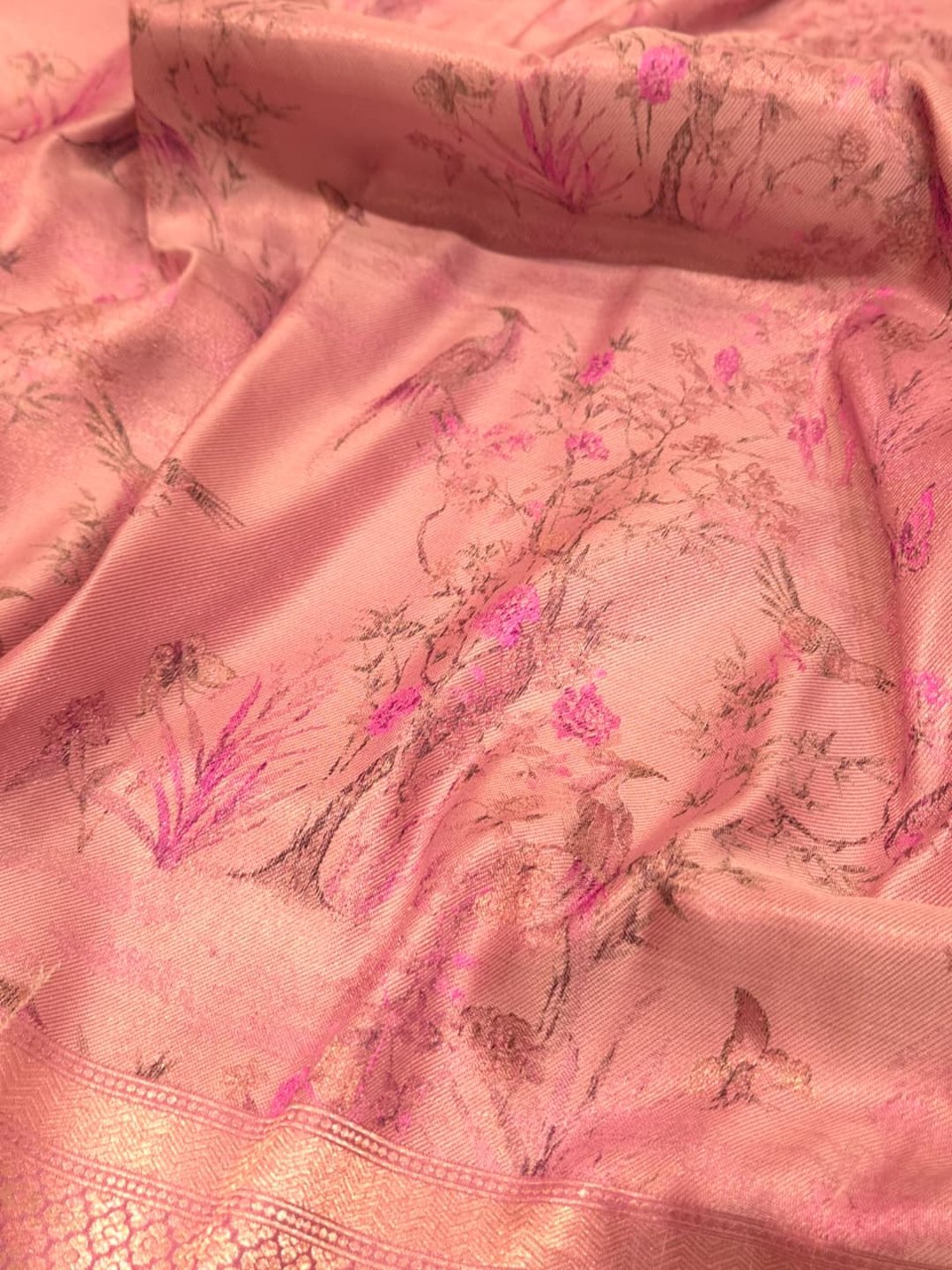 Light Pink Mulbari silk Banarasi saree texture detail