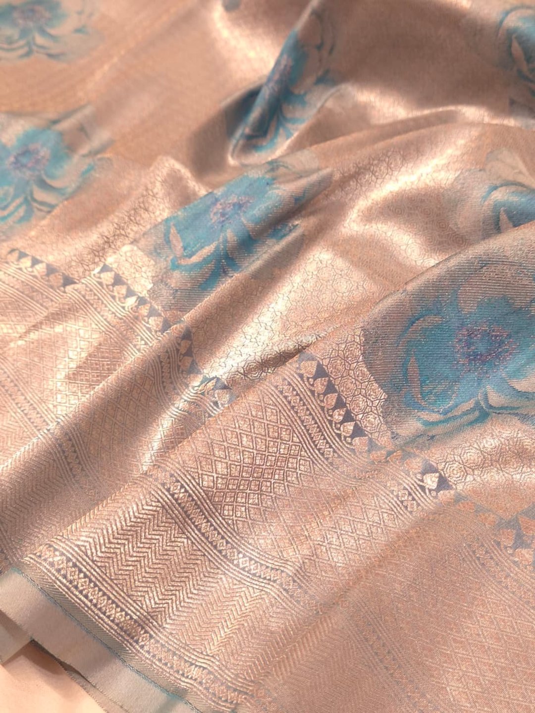 Silver body with sky blue floral motifs Mulbari silk Banarasi saree blouse piece