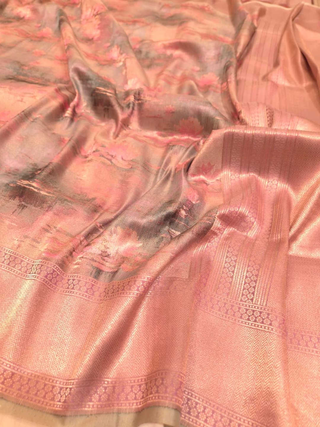 Grey body with pink lotus base floral motifs Mulbari silk Banarasi saree front drape view