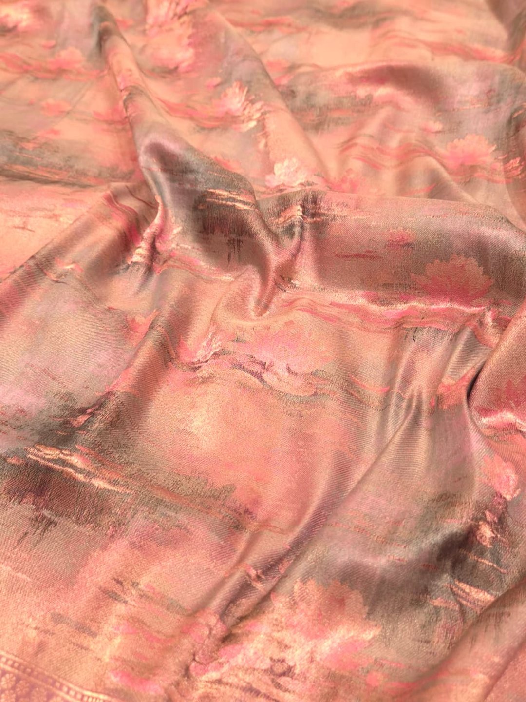 Grey body with pink lotus base floral motifs Mulbari silk Banarasi saree front drape view