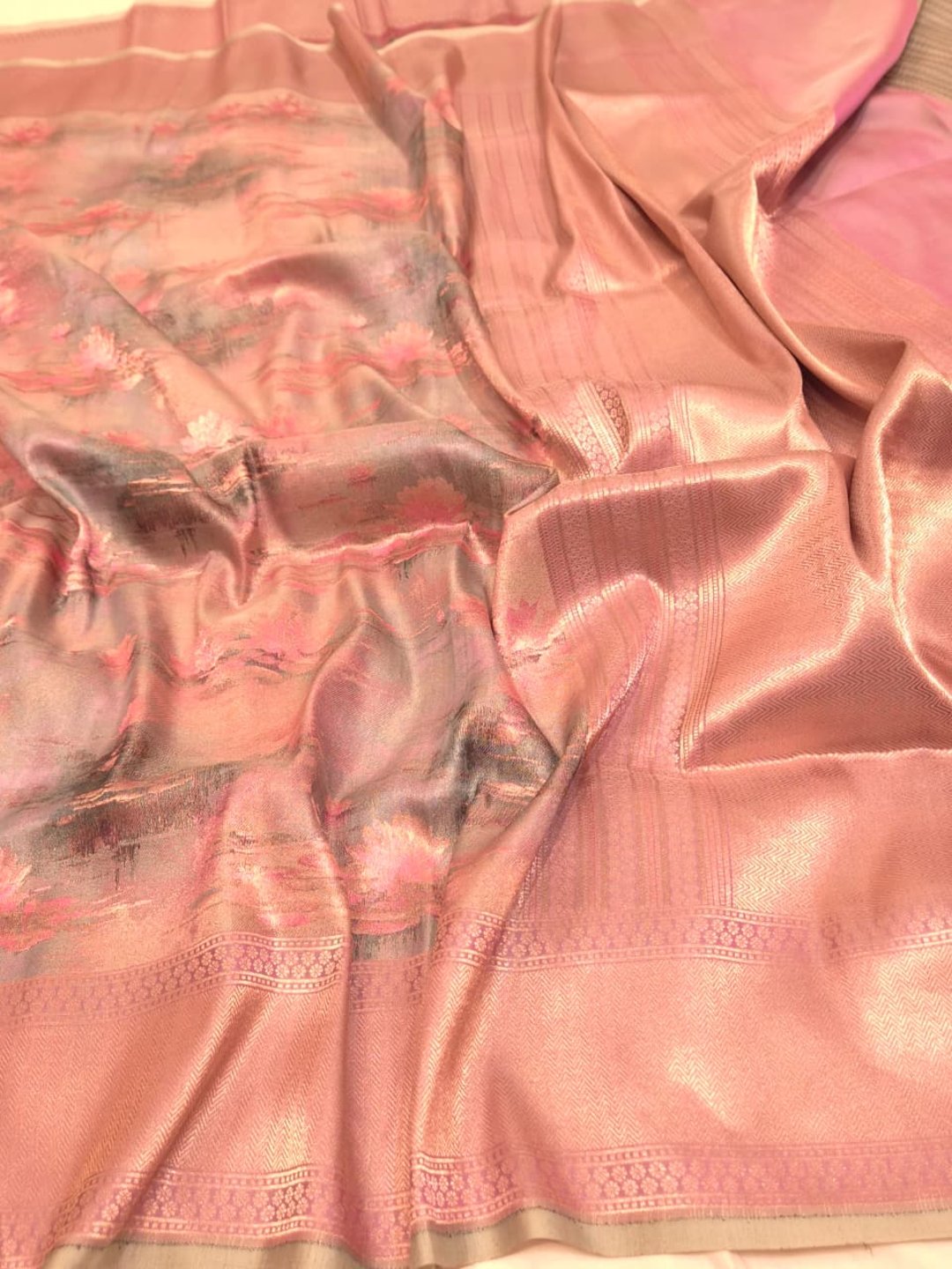Grey body with pink lotus base floral motifs Mulbari silk Banarasi saree front drape view