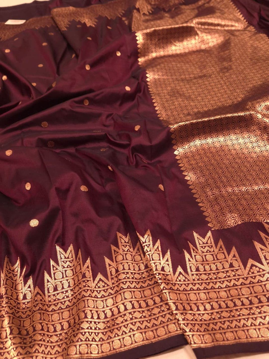 Deep Maroon Katan Silk Banarasi saree front drape view
