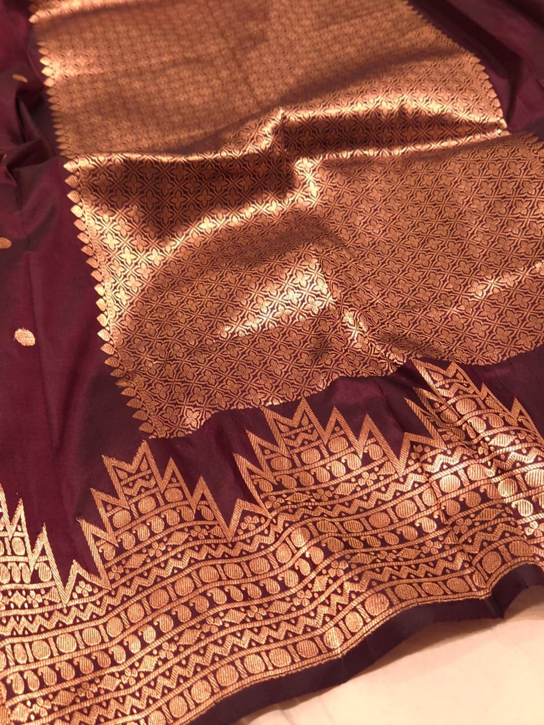 Deep Maroon Katan Silk Banarasi saree full spread