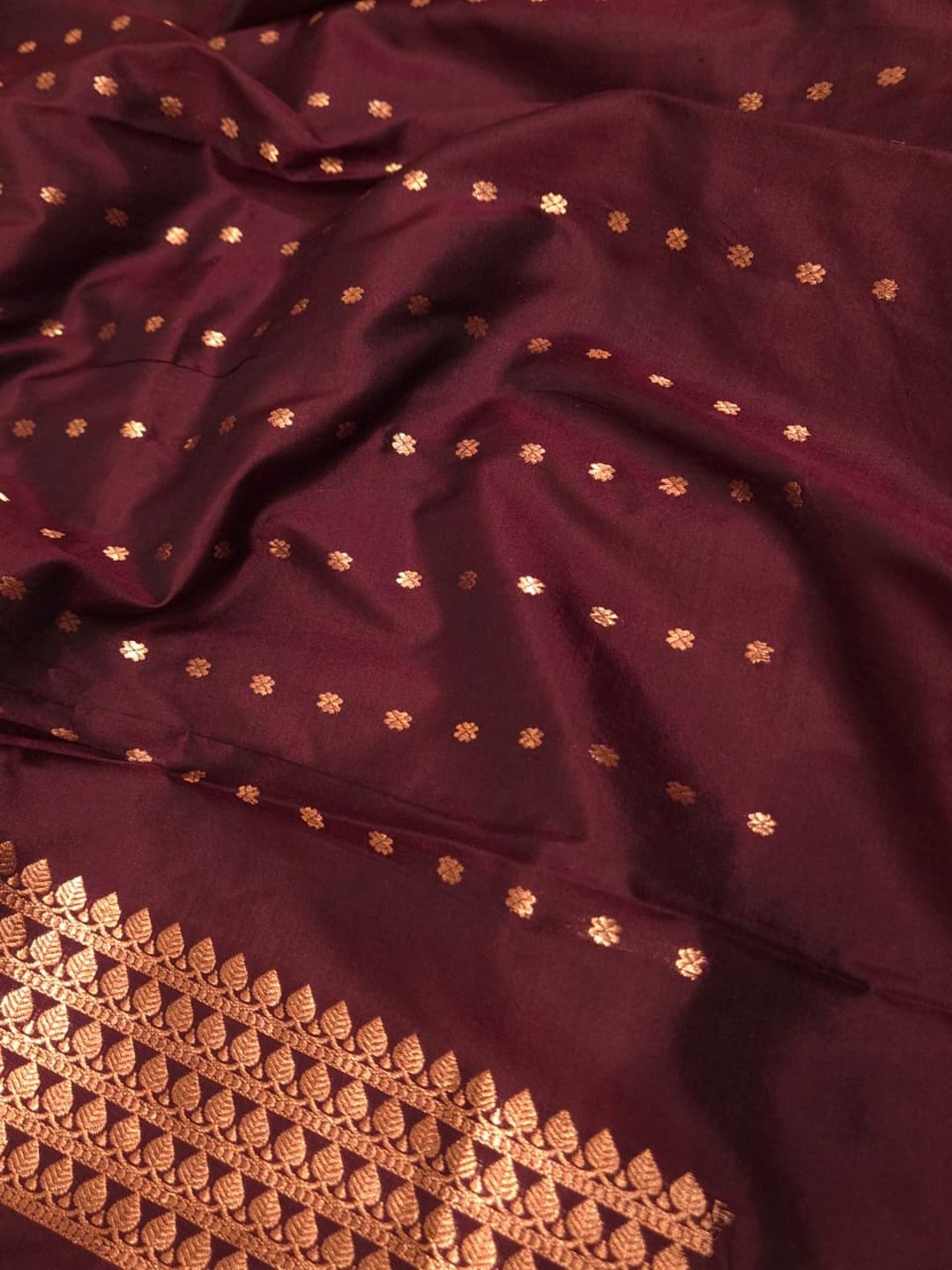 Deep Maroon Katan Silk Banarasi saree texture detail