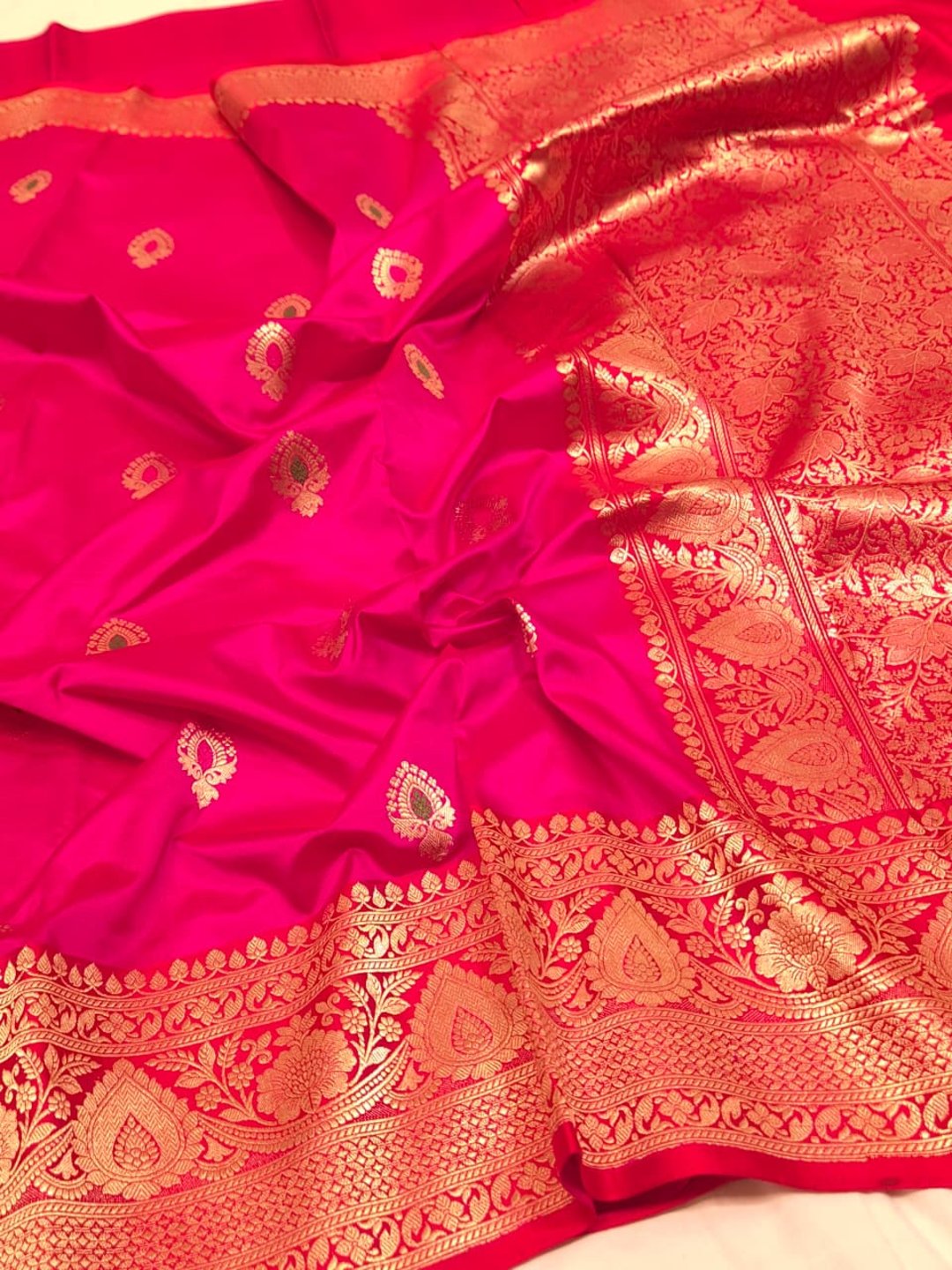 Dark Pink Katan Silk Banarasi saree front drape view