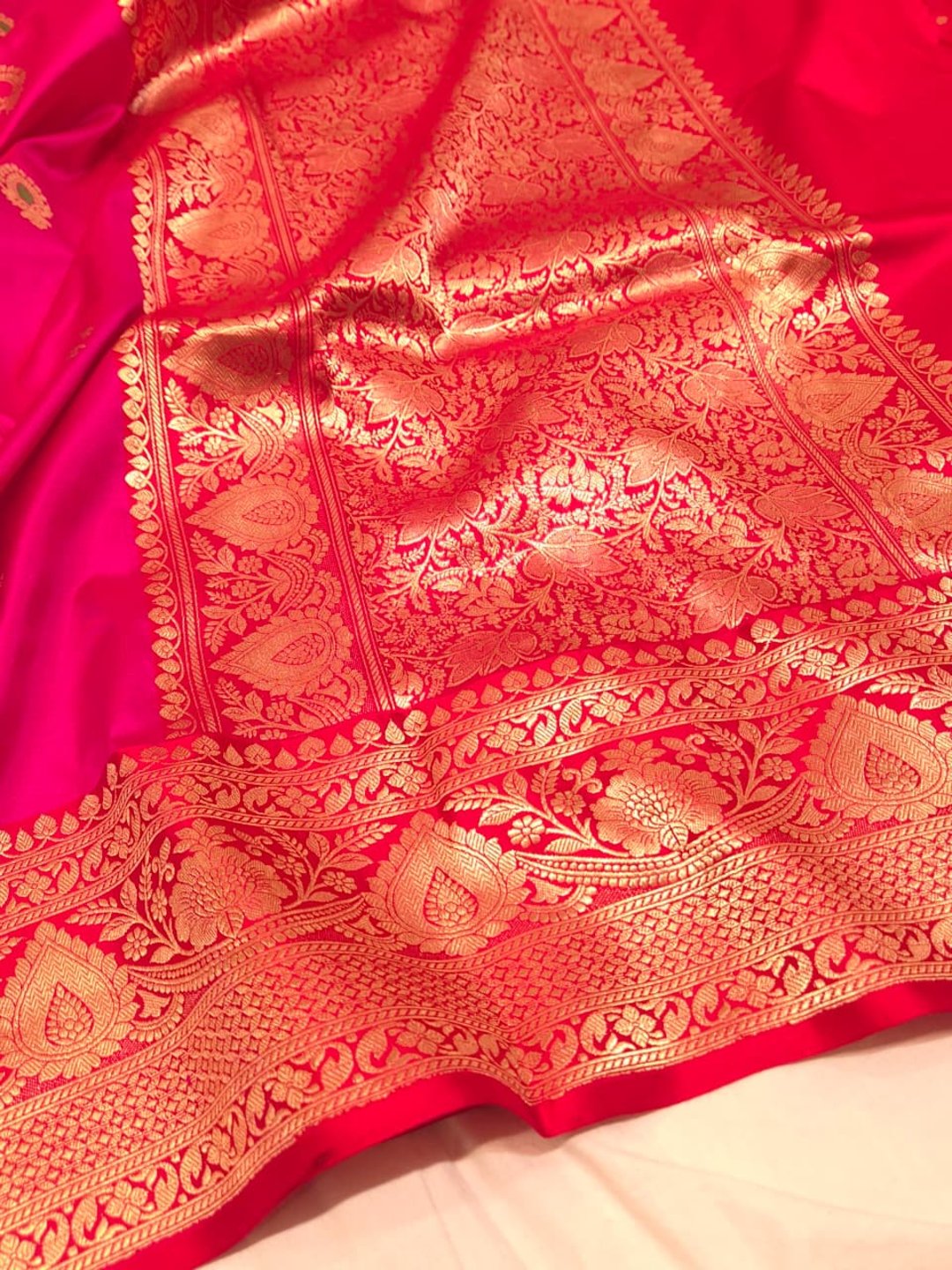 Dark Pink Katan Silk Banarasi saree full spread