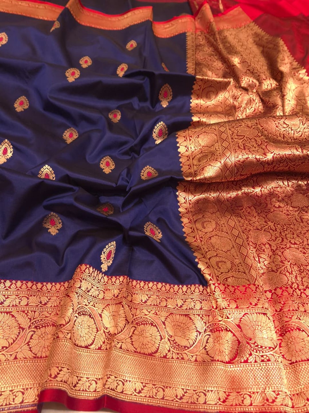 Royal Blue Katan Silk Banarasi saree front drape view
