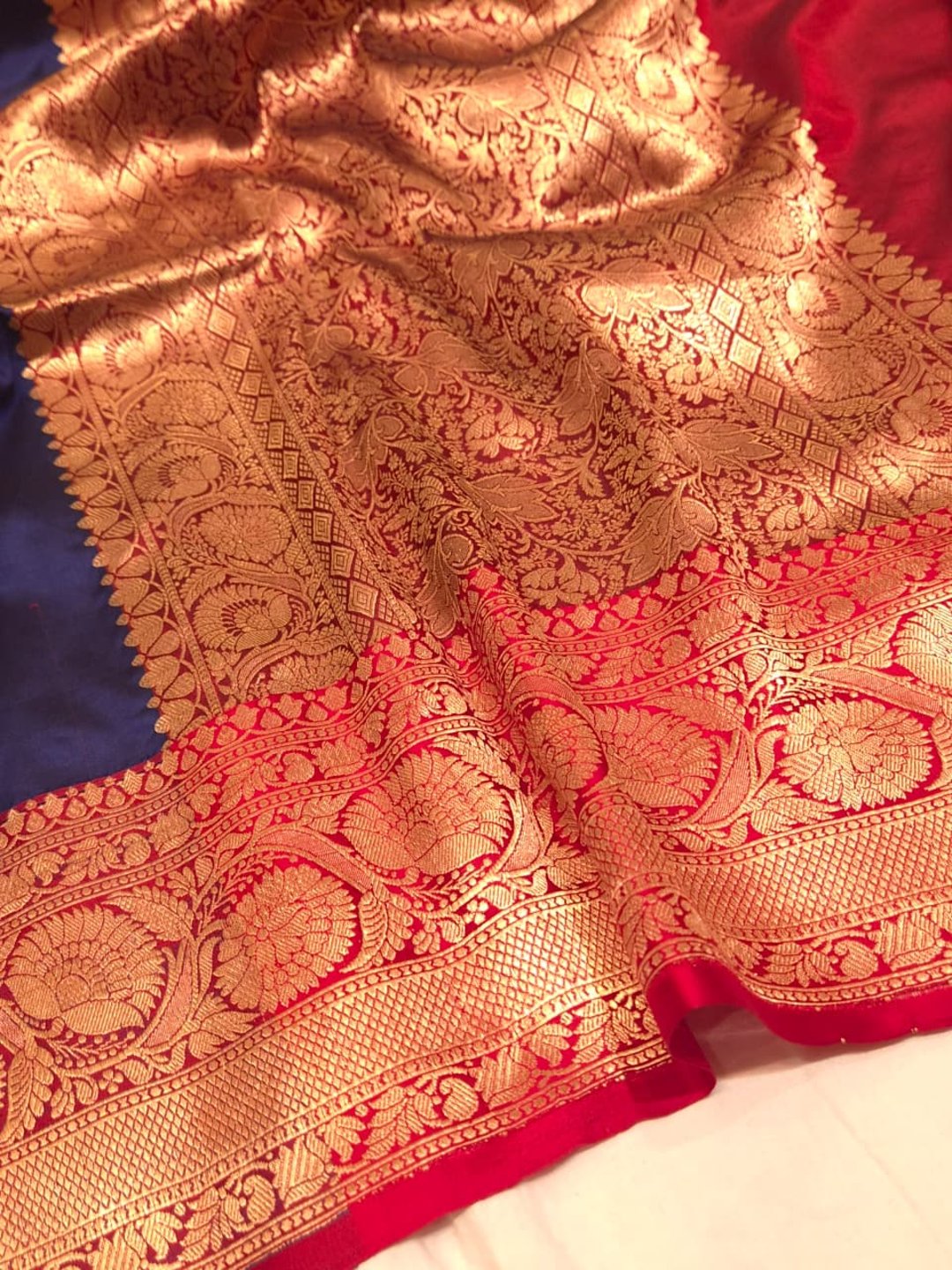 Royal Blue Katan Silk Banarasi saree texture detail