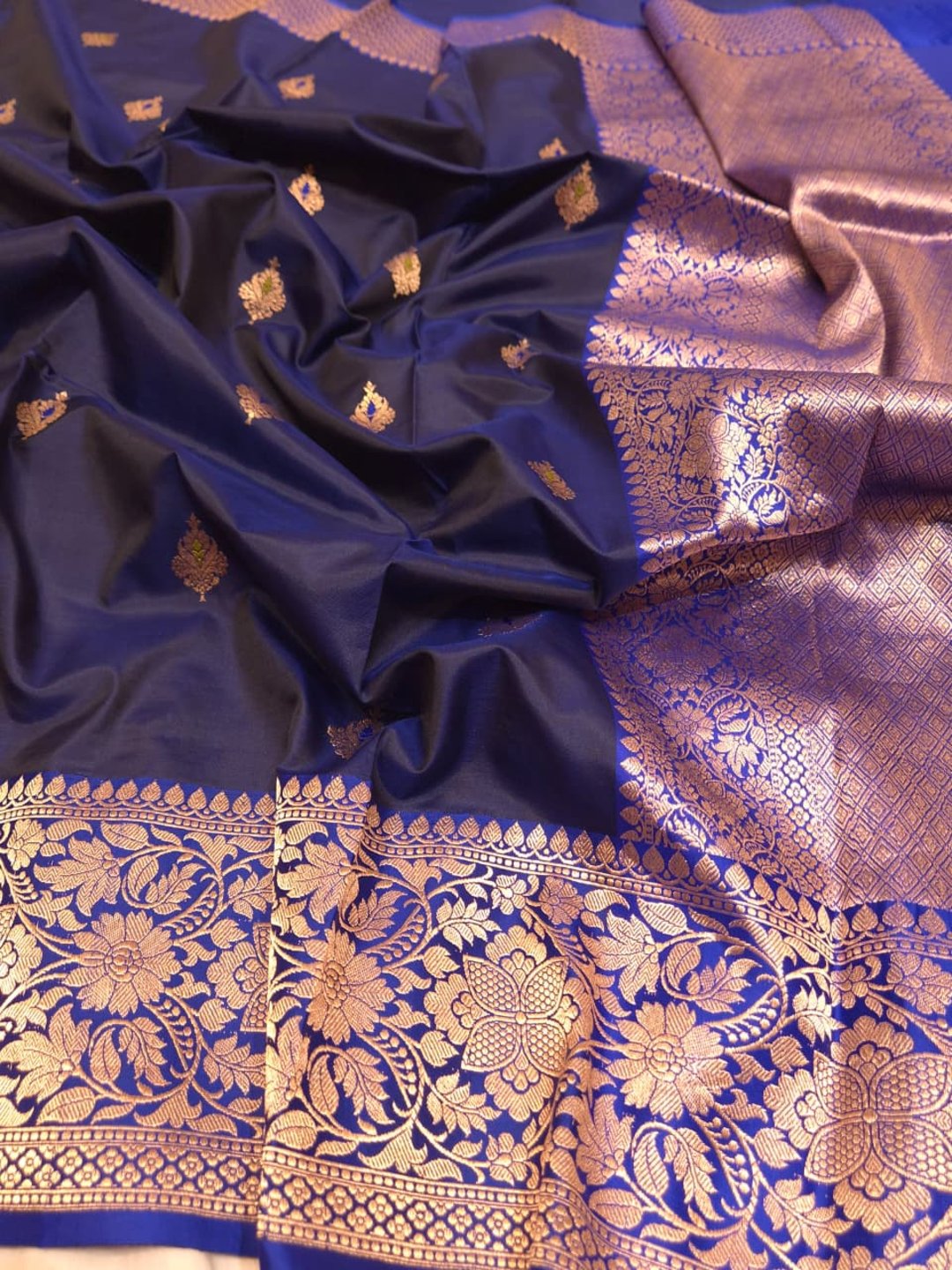 Navy Blue Katan Silk Banarasi saree front drape view