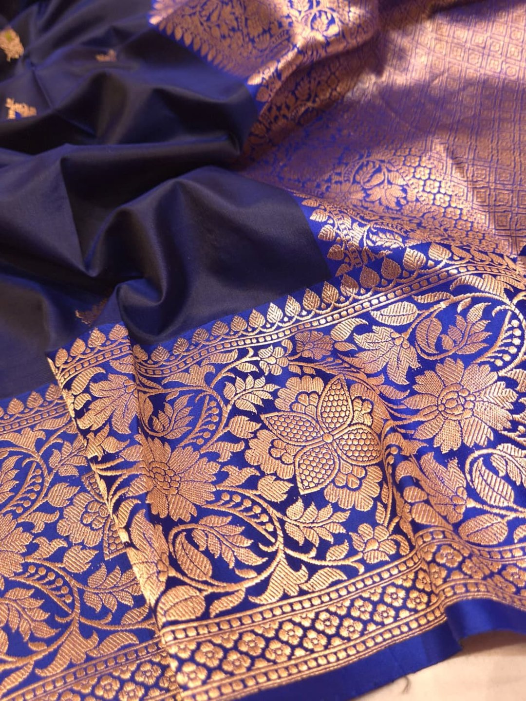 Navy Blue Katan Silk Banarasi saree pallu detail