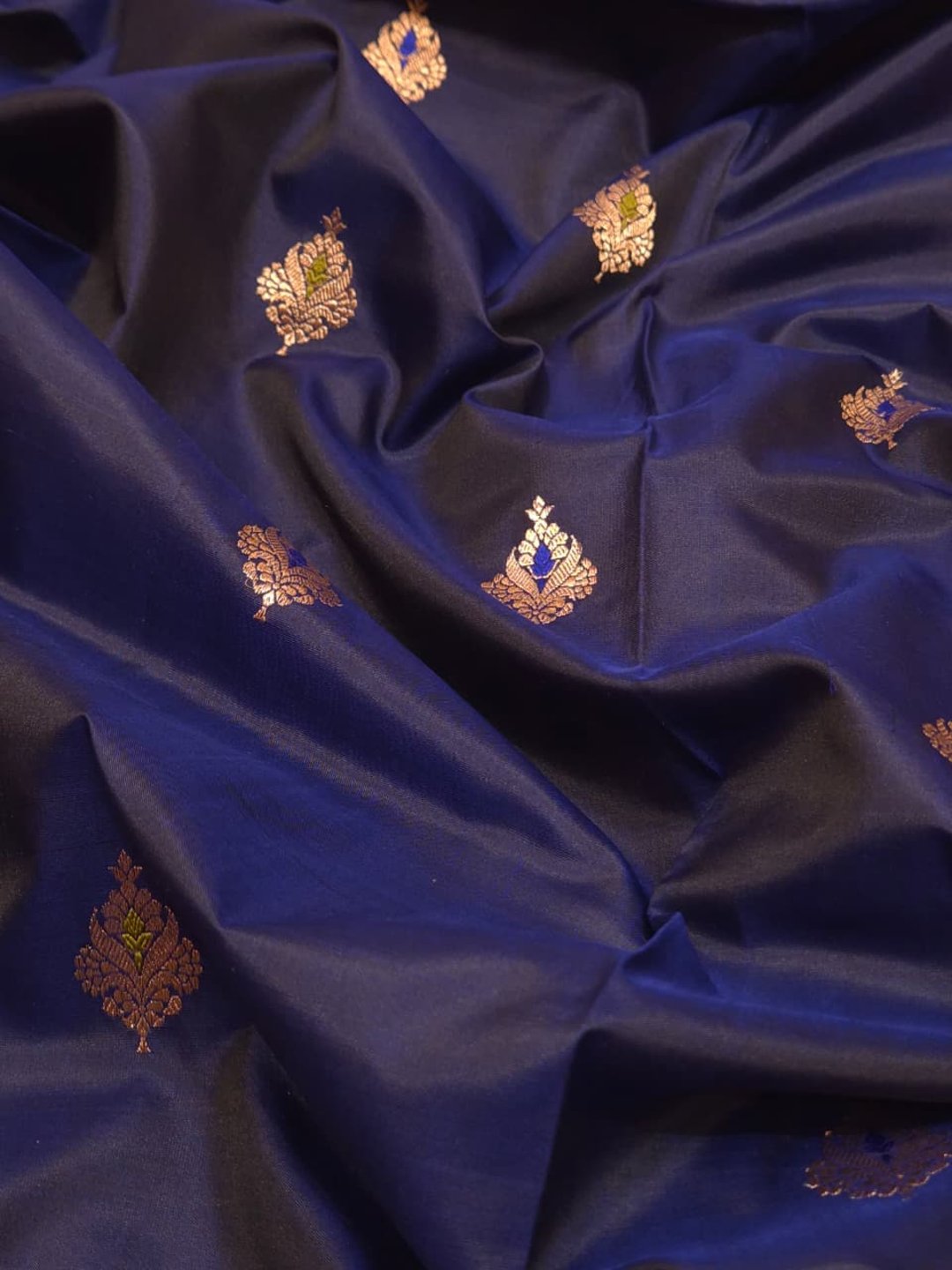 Navy Blue Katan Silk Banarasi saree border closeup