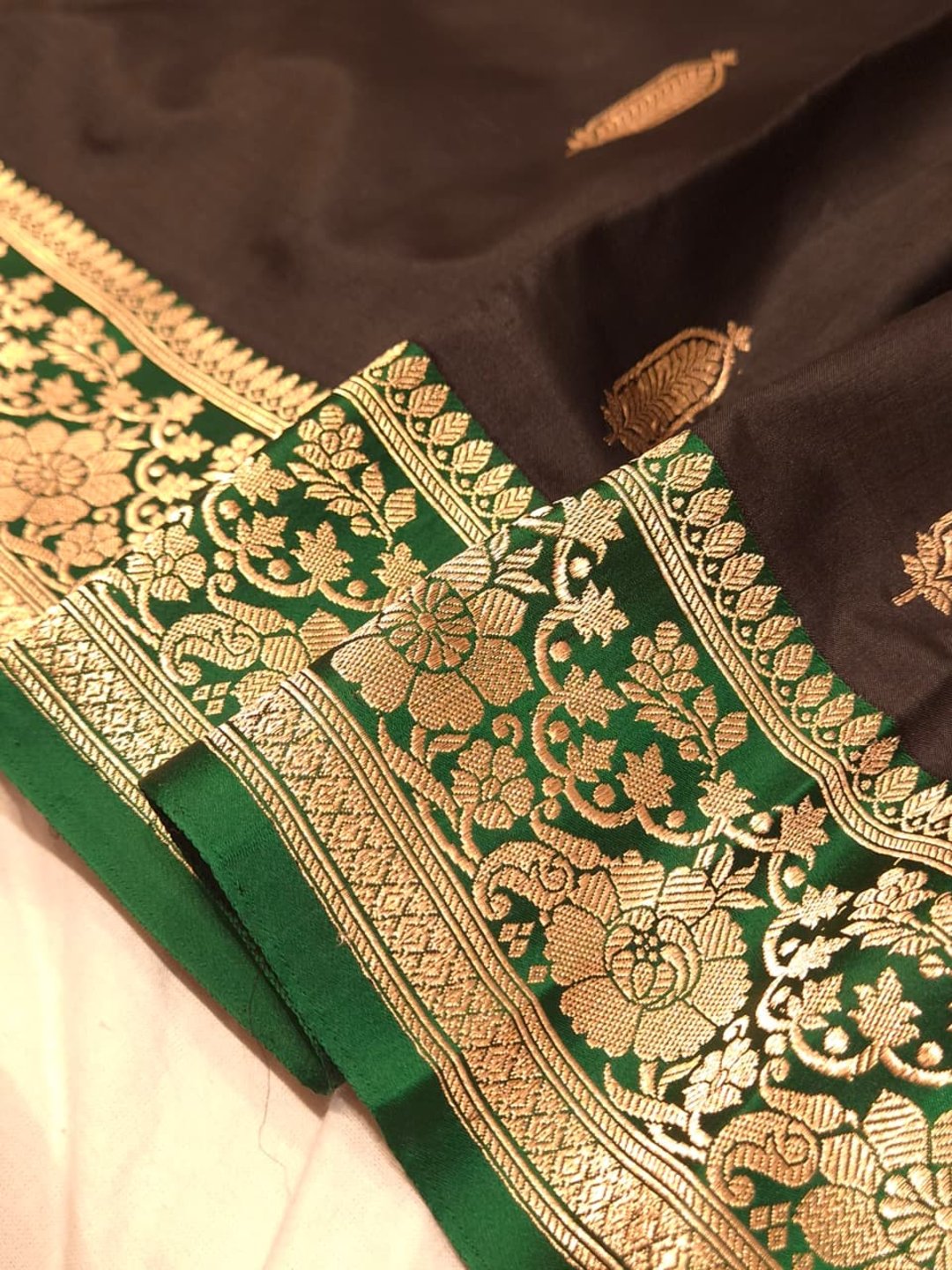 Black with green contrast border Katan Silk Banarasi saree blouse piece
