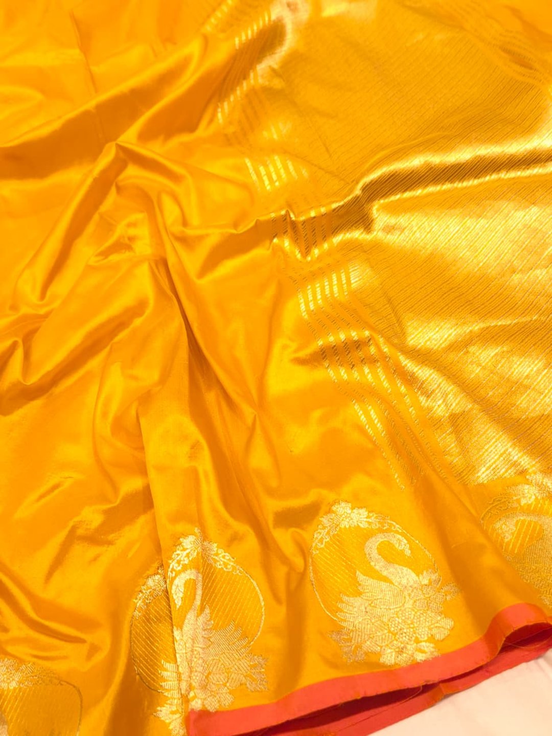 Yellow with Golden bird pattern border Katan Silk Banarasi saree front drape view