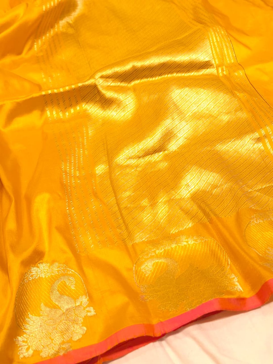 Yellow with Golden bird pattern border Katan Silk Banarasi saree full spread