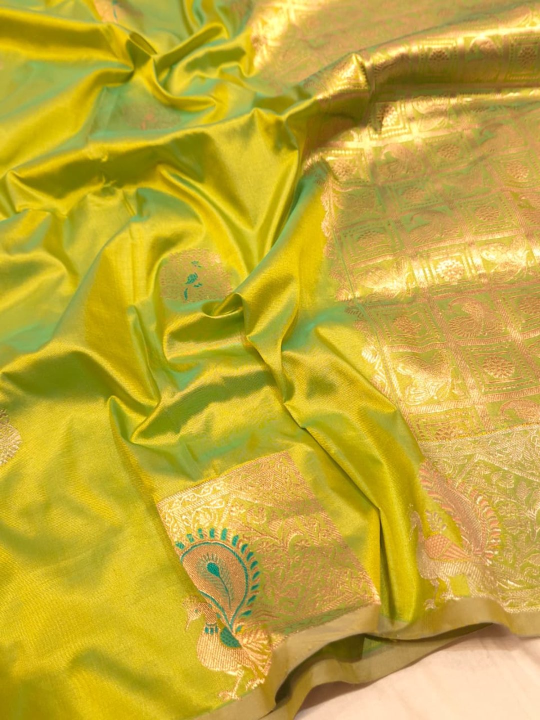 Light Green Katan Silk Banarasi saree front drape view
