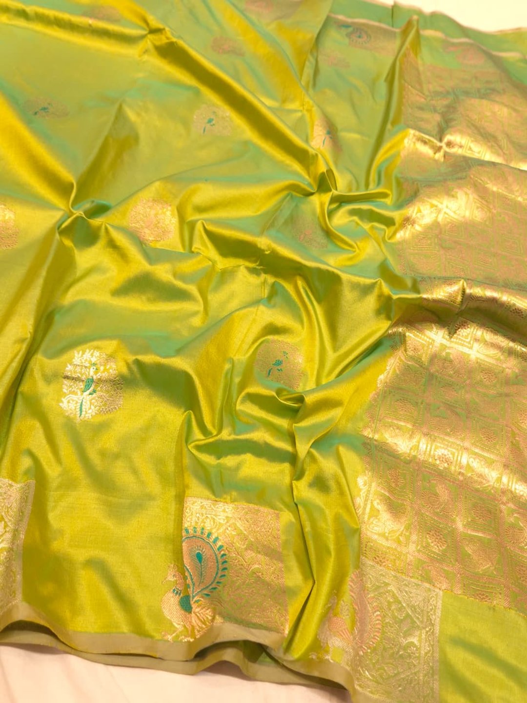 Light Green Katan Silk Banarasi saree pallu detail
