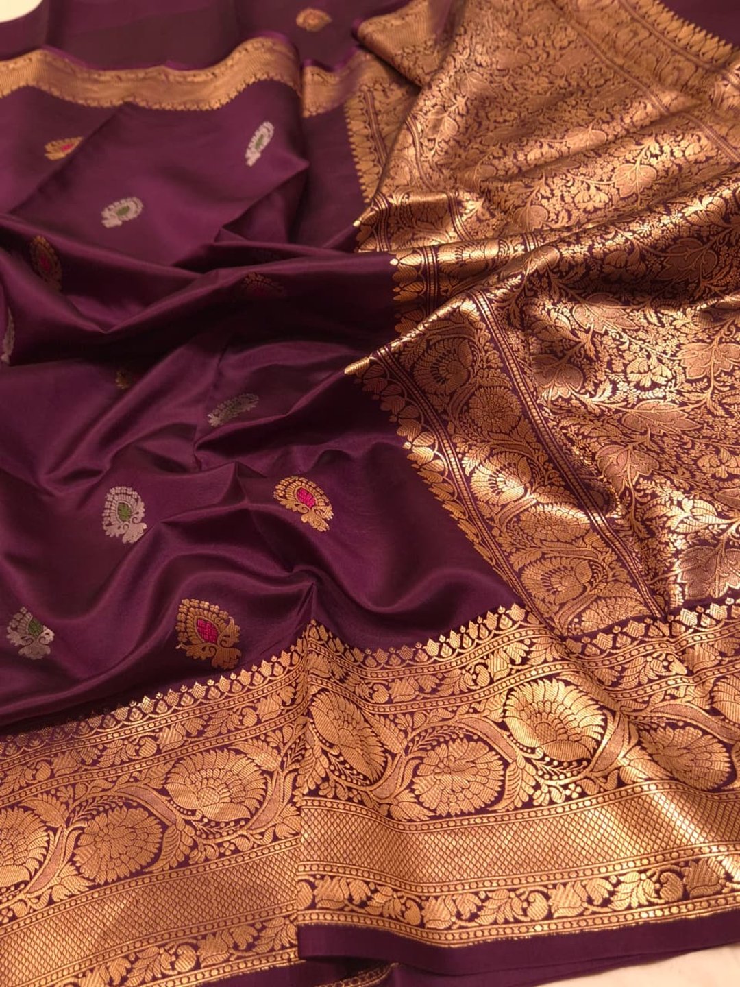 Brown Katan Silk Banarasi saree front drape view