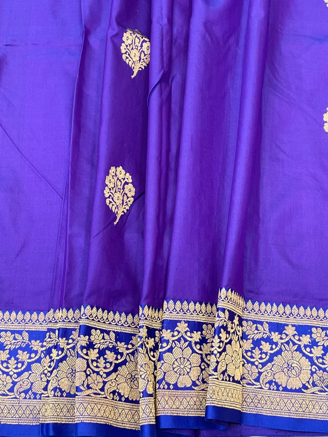 Deep purple with dark blue border Katan Silk Banarasi saree border closeup