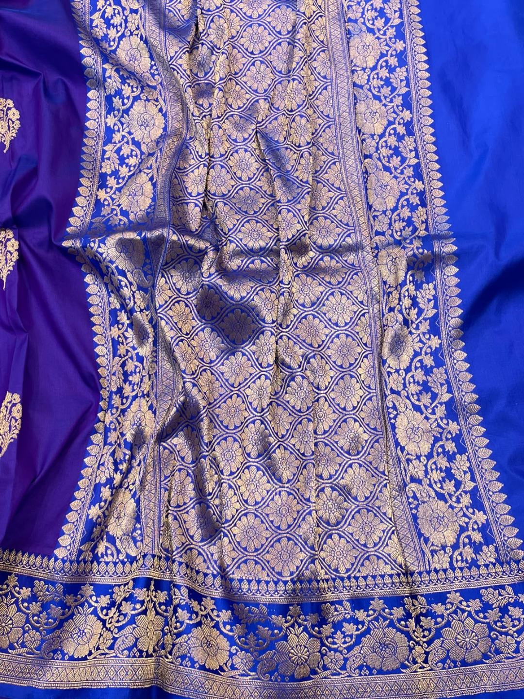 Deep purple with dark blue border Katan Silk Banarasi saree front drape view