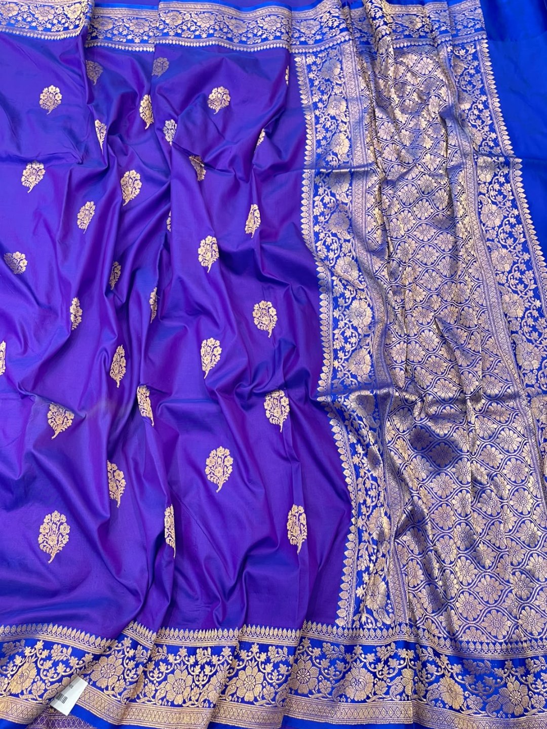 Deep purple with dark blue border Katan Silk Banarasi saree pallu detail