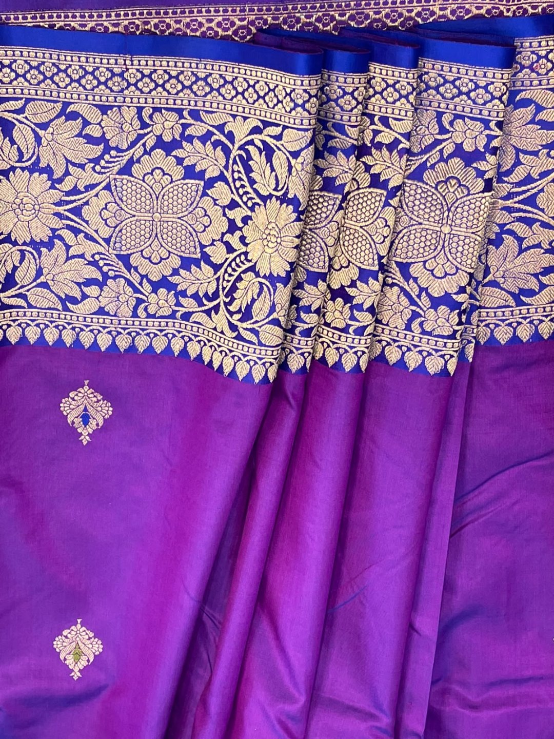 Deep purple with dark blue satin border Katan Silk Banarasi saree pallu detail