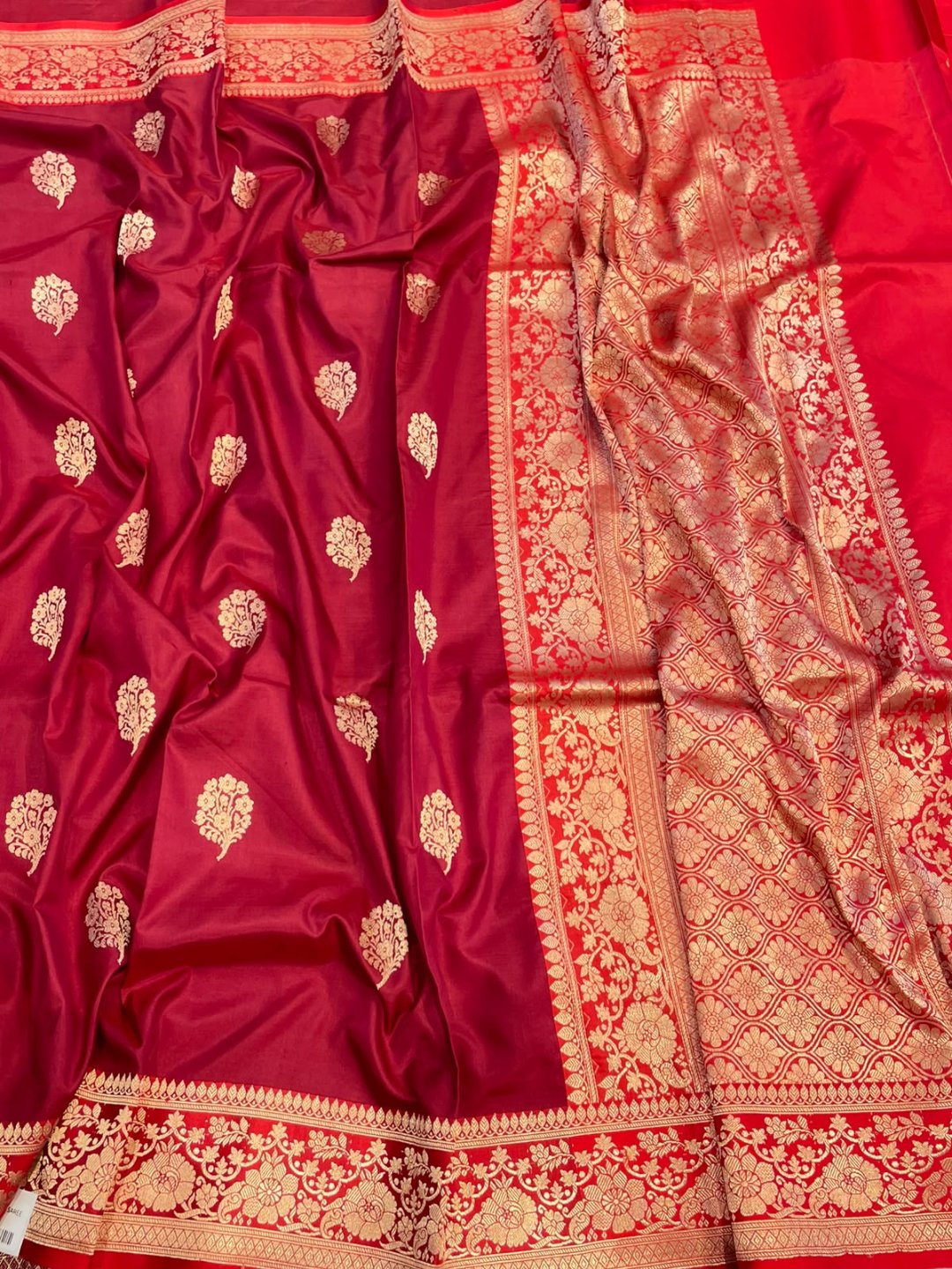 Maroon with dark red satin border Katan Silk Banarasi saree front drape view