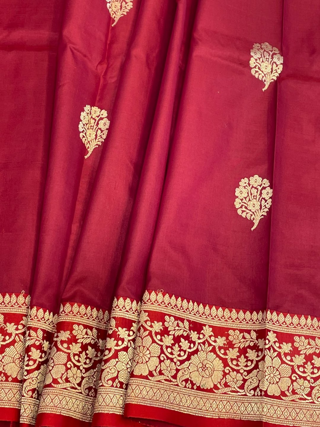 Maroon with dark red satin border Katan Silk Banarasi saree blouse piece
