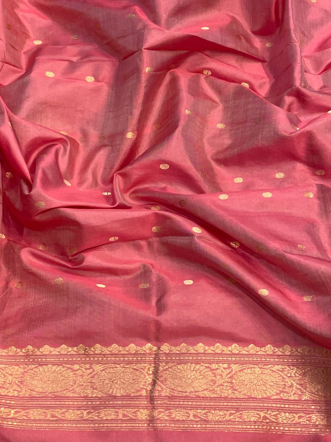 Onion pink with pink patta border Satin Silk Banarasi saree full spread