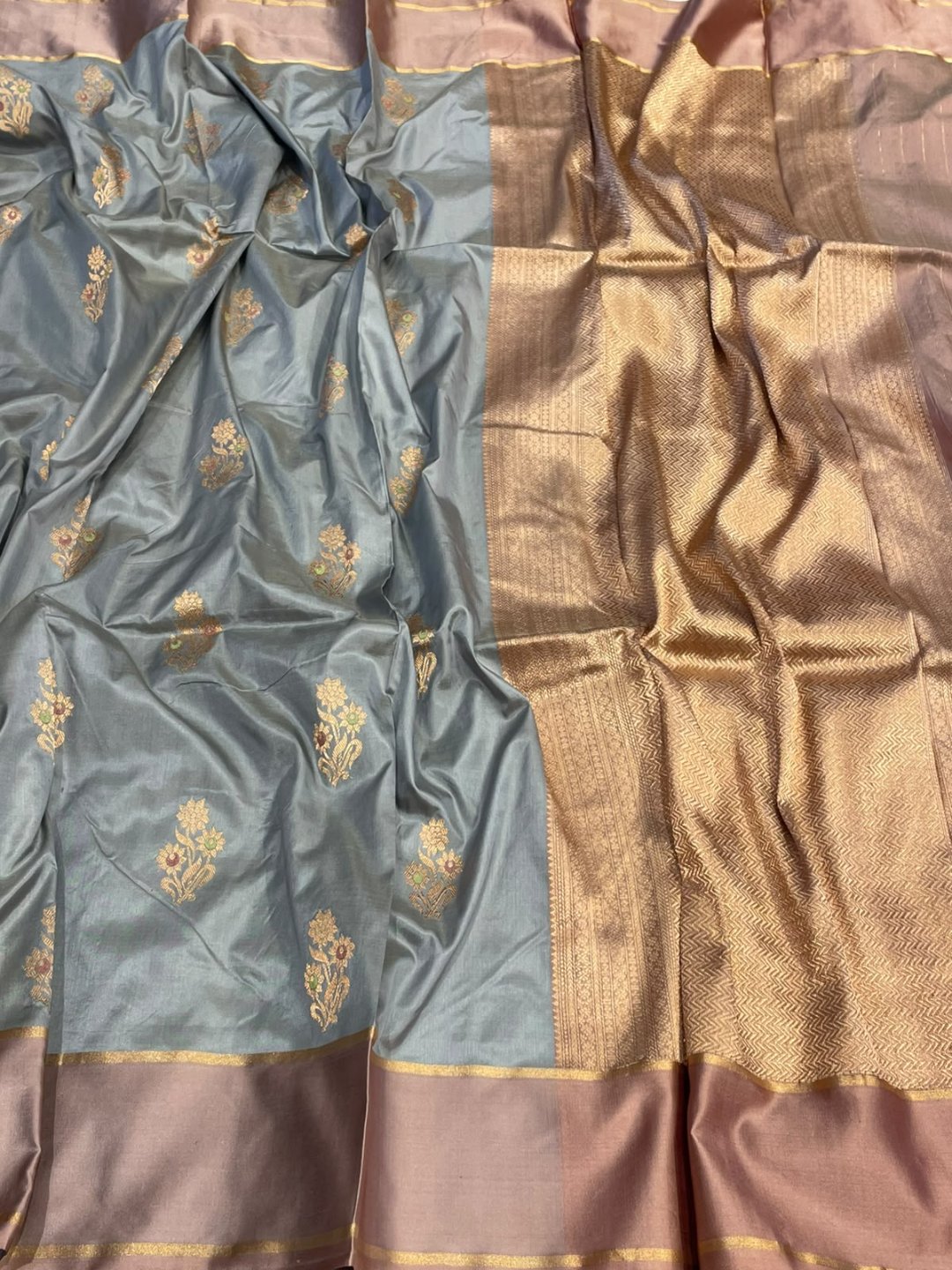 Grey with peach patta border Satin Silk Banarasi saree front drape view