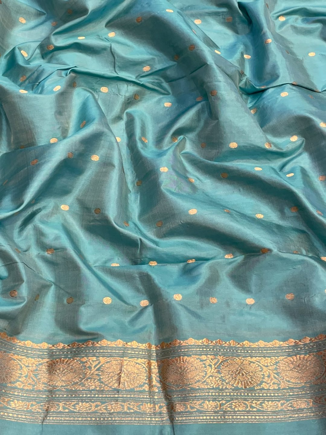 Light pink with sea blue border Satin Silk Banarasi saree full spread