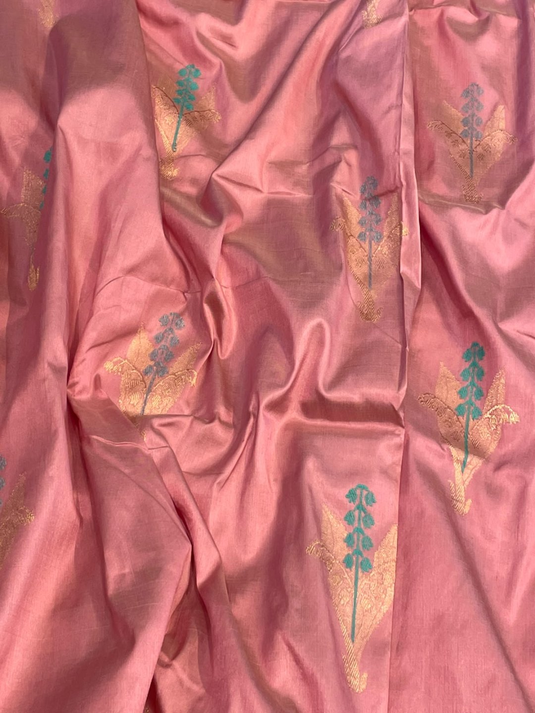 Light pink with sea blue border Satin Silk Banarasi saree blouse piece