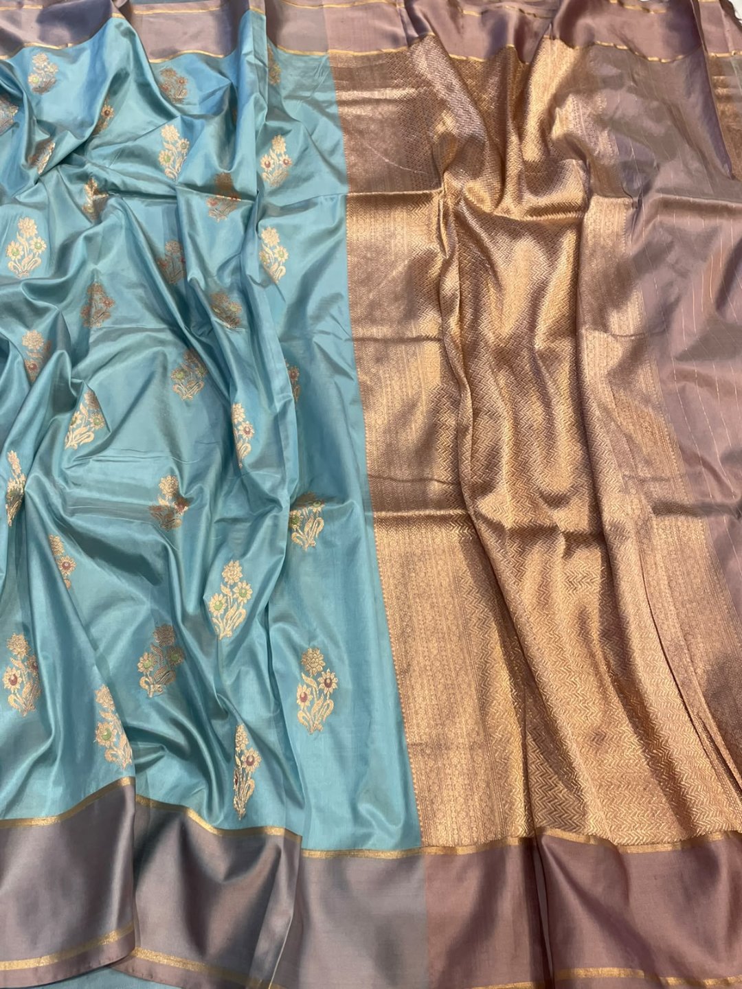 Dusty aqua blue with mauve taupe border Satin Silk Banarasi saree front drape view