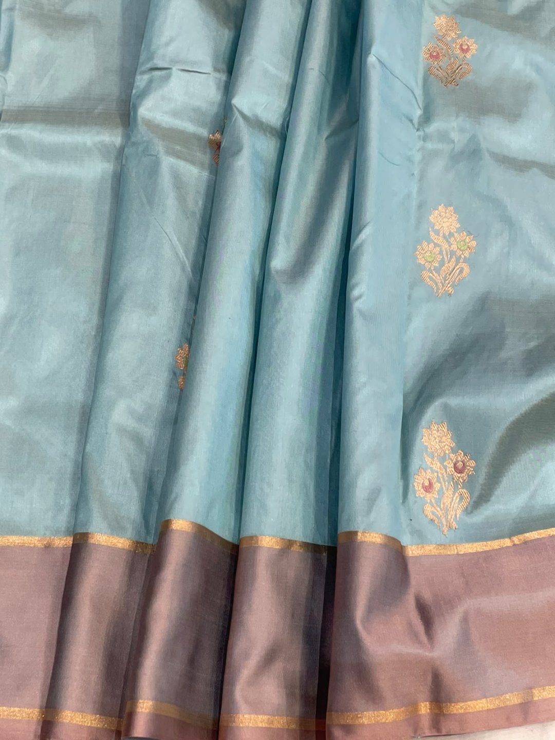 Dusty aqua blue with mauve taupe border Satin Silk Banarasi saree blouse piece